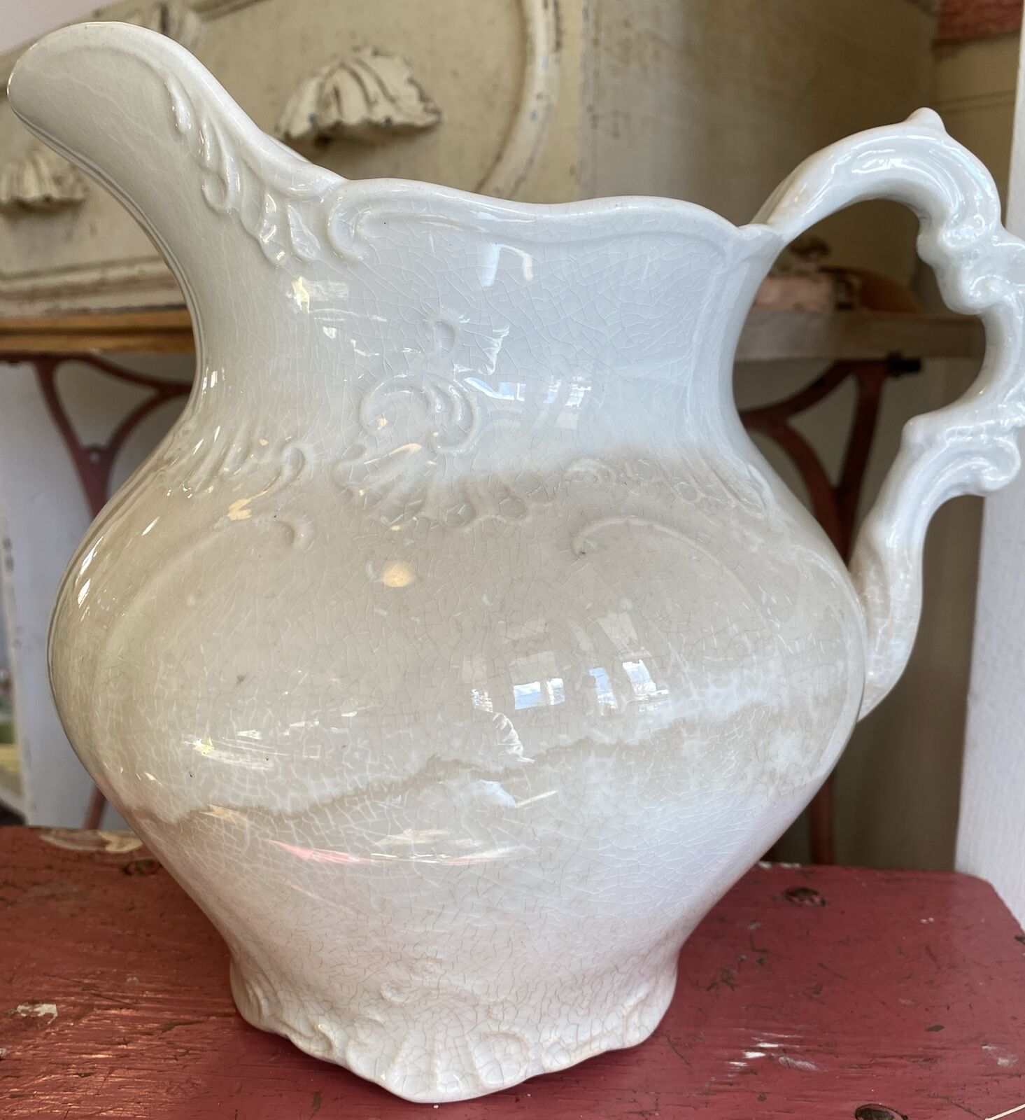 Stained and Crazed Patina Antique White Ironstone Pitcher Farmhouse 8”