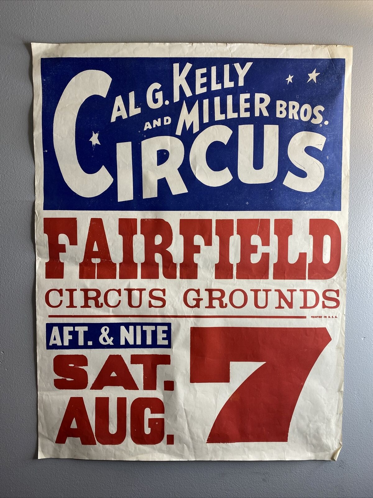 Vtg Al G. Kelly & Miller Bro Circus Fairfield Fairgrounds Poster Red Blue 38x32”