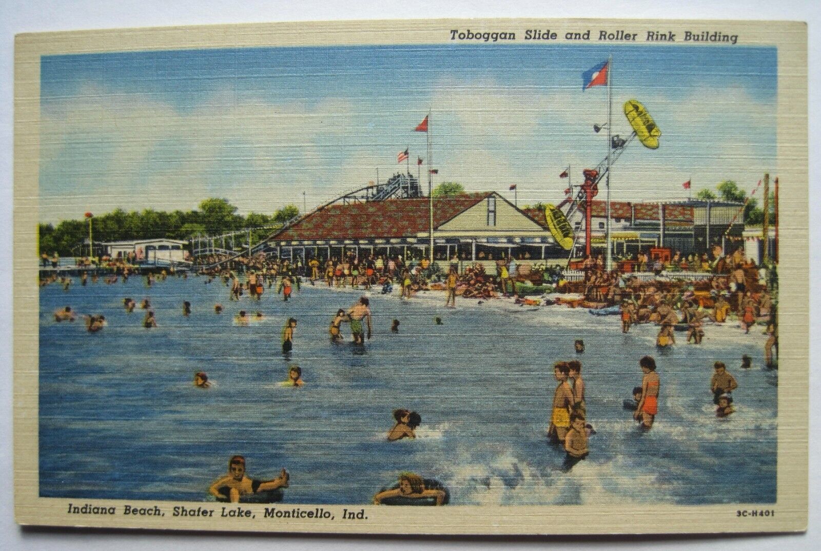 Monticello IN Indiana Beach, Shafer Lake Old Linen Postcard; Toboggan Slide +