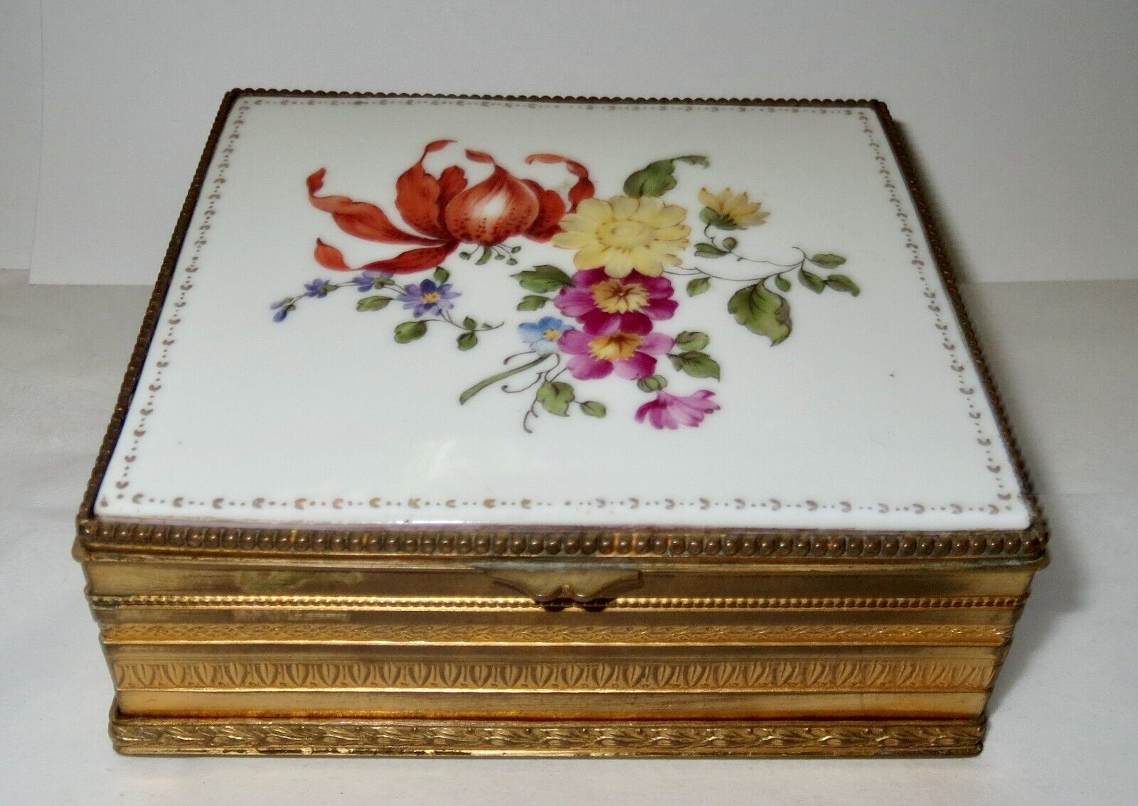 Antique Enameled Bronze Box Austrian Floral Top