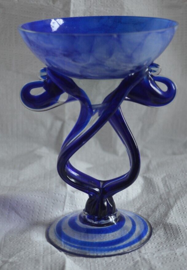 Handblown Polish Art Glass Cobalt Tortoise Jellyfish Pedestal Bowl by JOZEFINA