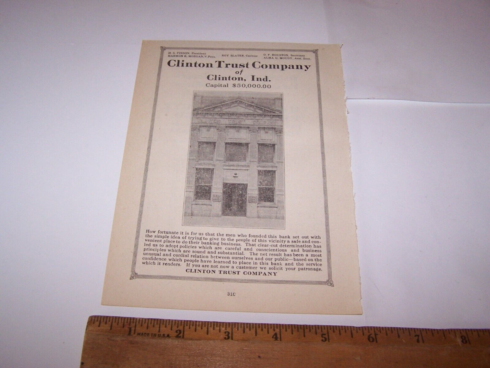 1920 CLINTON TRUST COMPANY OF CLINTON INDIANA Paper Ad CLINTON INDIANA