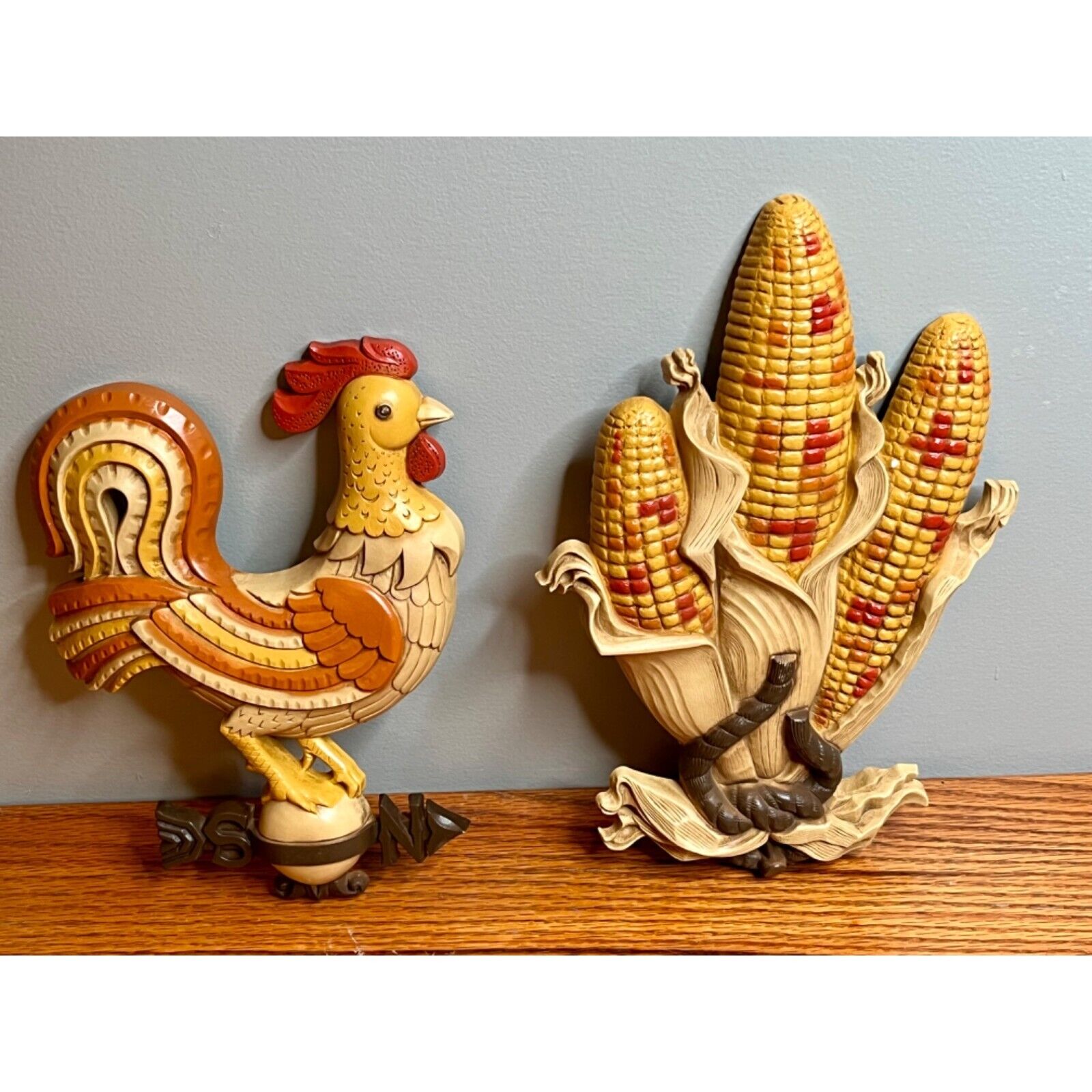 vintage Burwood products rooster with weathervane and corn wall display