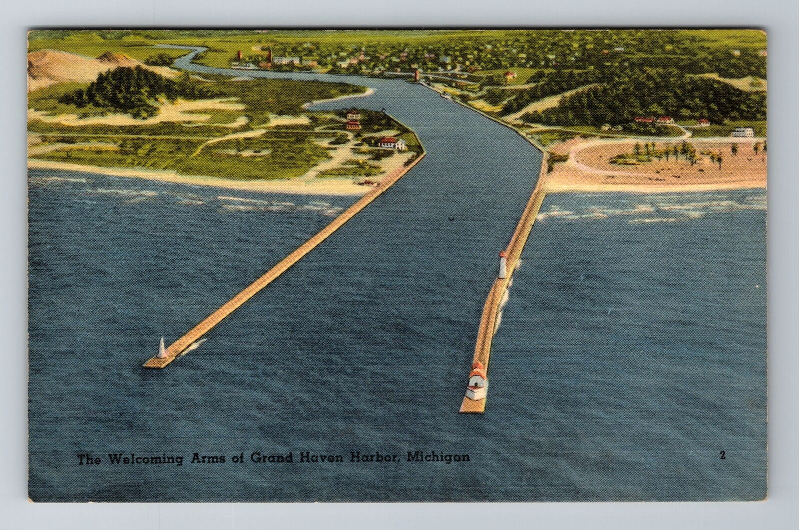 Grand Haven Harbor MI-Michigan, The Welcoming Arms, Vintage Postcard
