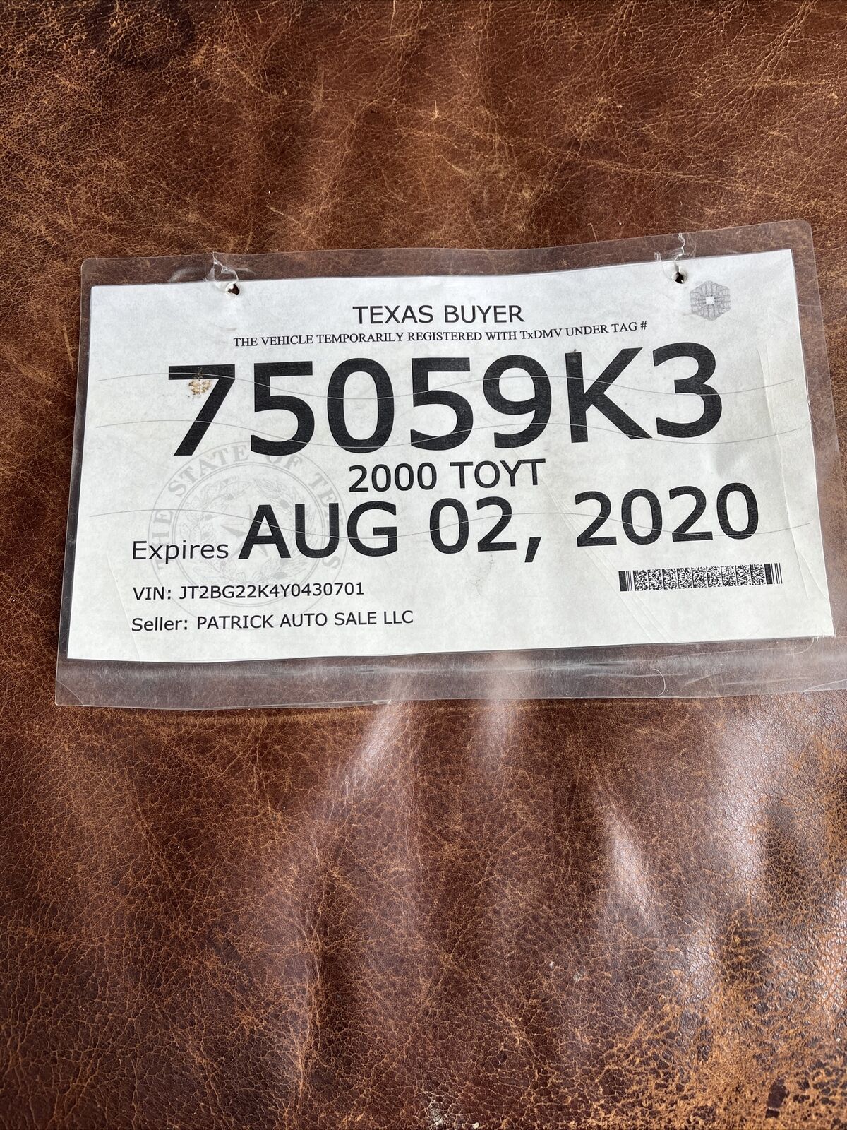 2020 Texas BUYER license plate temporary tag Patrick Auto Sales # 75059 K3