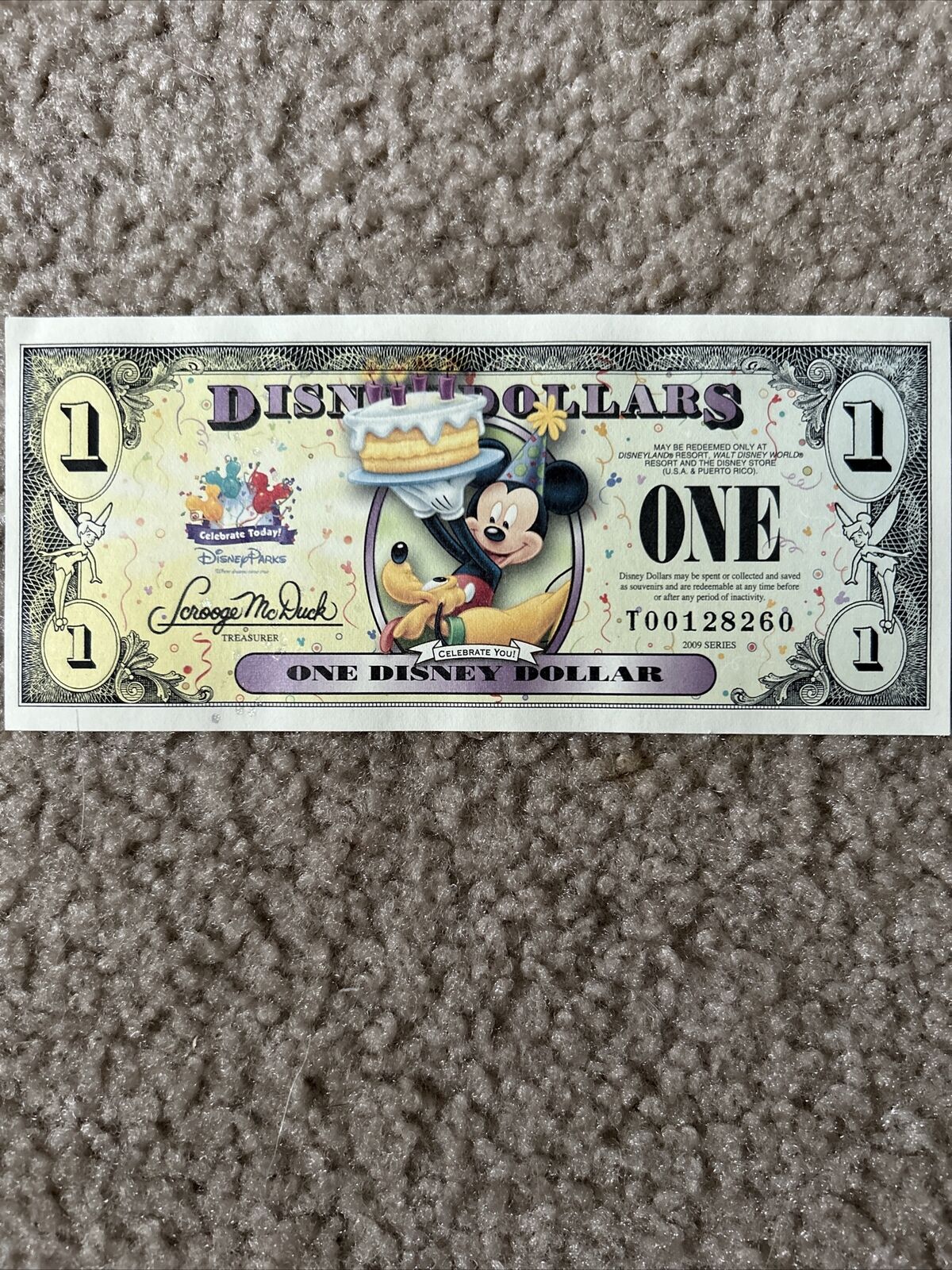 Disney Dollar $1 Mickey And Pluto, Celebrate You “T” Series 2009. Excellent