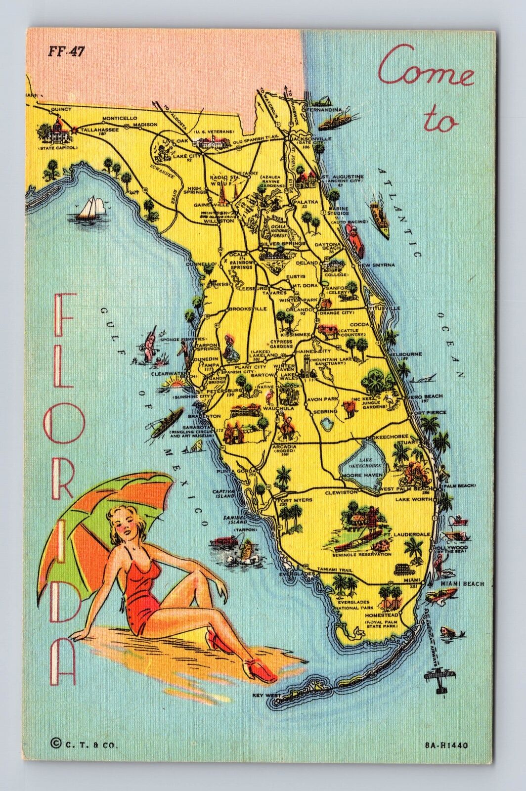 FL- Florida, General Map Greetings, Antique, Vintage Souvenir Postcard