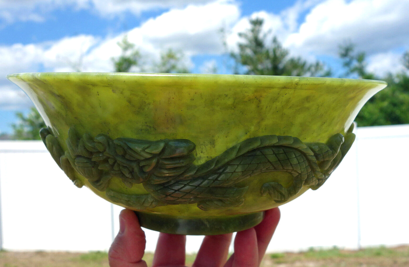 Large Green JADE Dragon Crystal Bowl One of a Kind Hand Carved Beauty For Sale