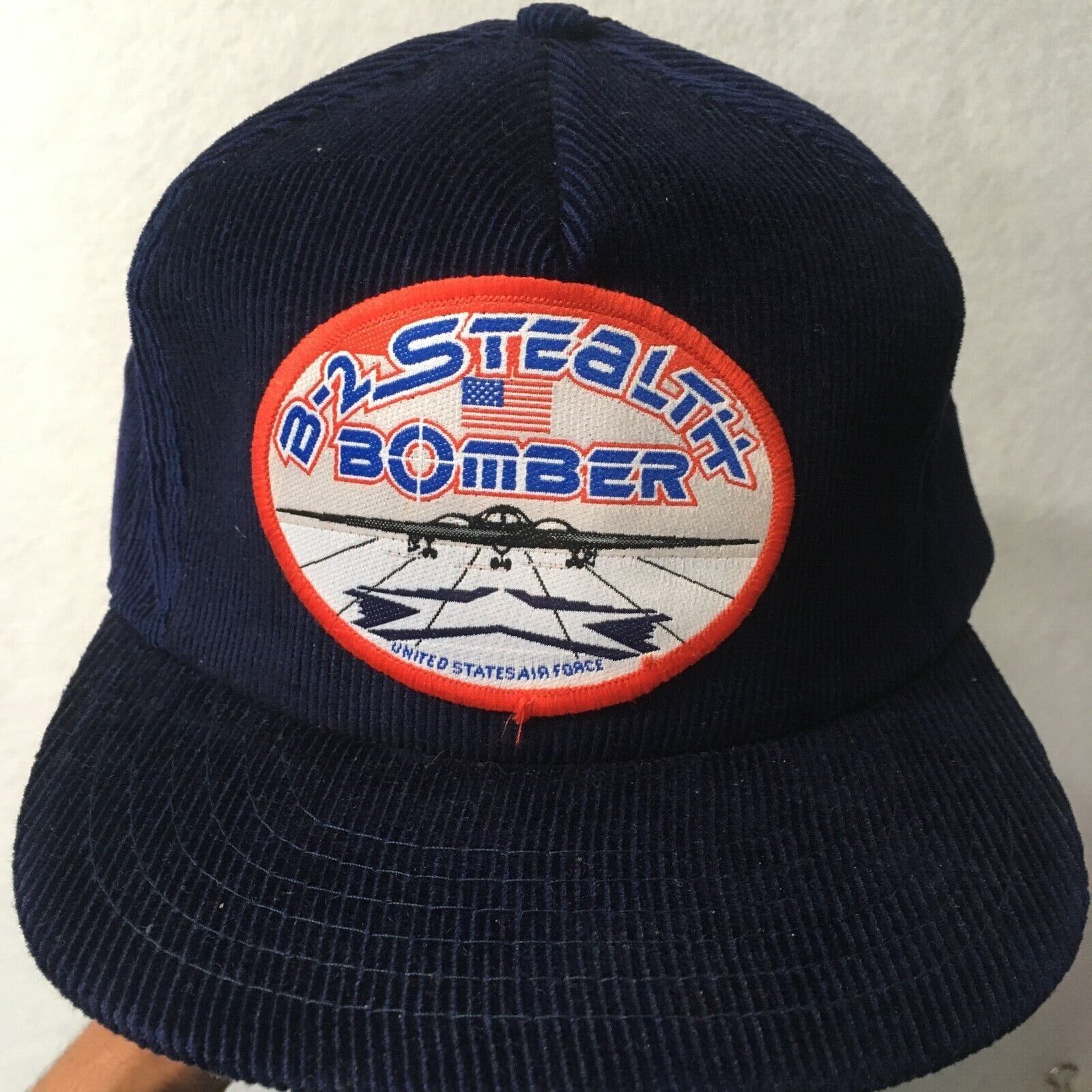 1980\'s B-2 STEALTH  Bomber Trucker Hat corduroy USAF badge vintage natural seaso