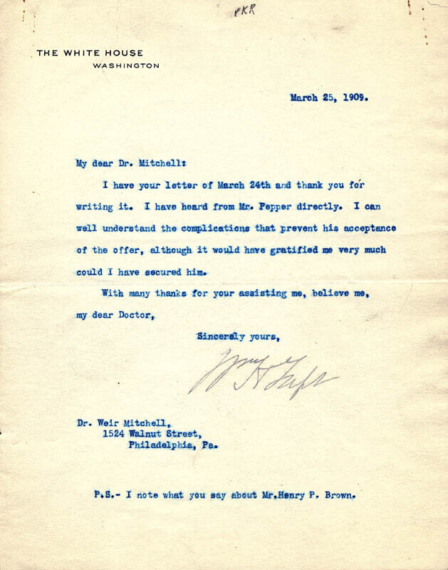 WILLIAM H. TAFT - TYPED LETTER SIGNED 03/25/1909