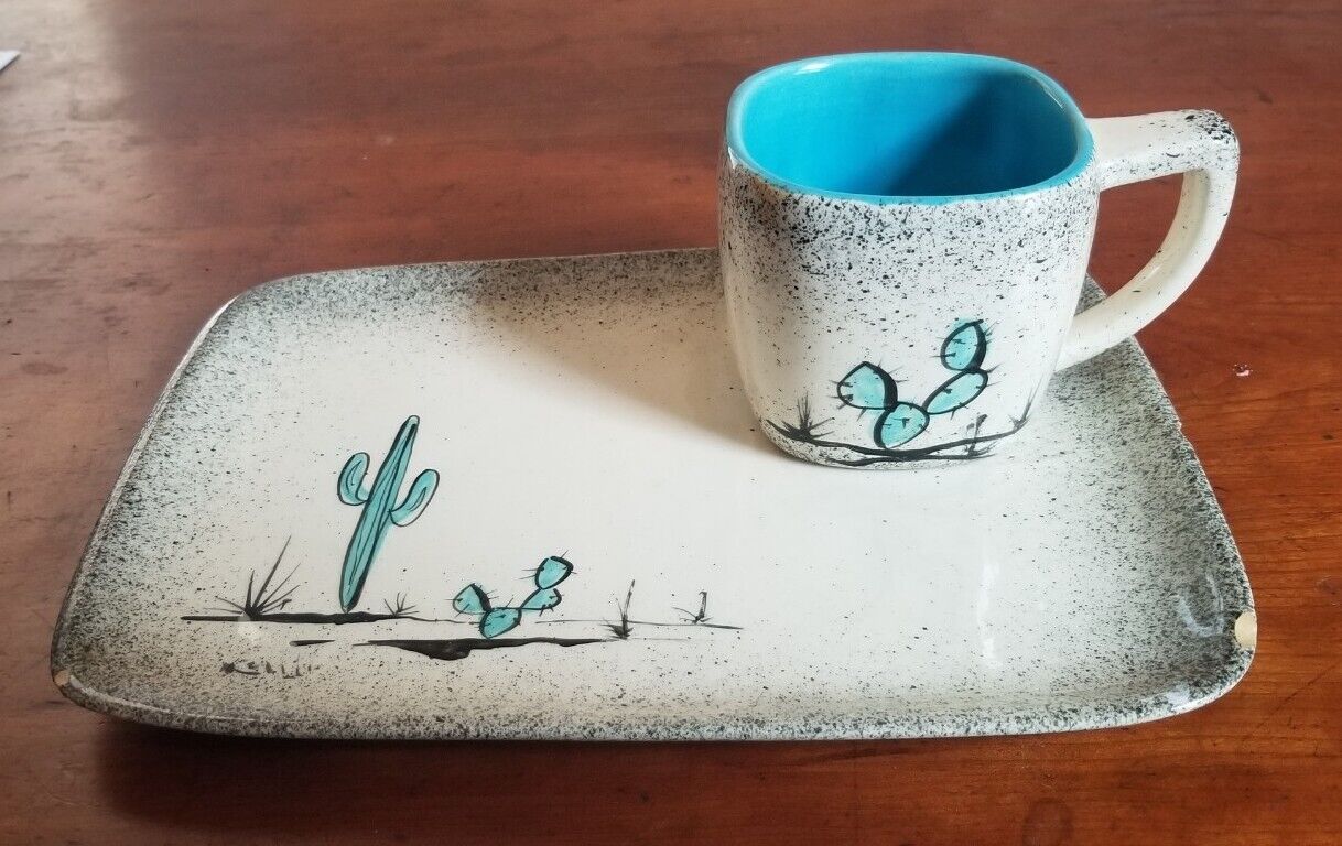 Vtg 1950s Mid Century Loma of Arizona Coffee Mug & Snack Tray Set Cactus Scene 