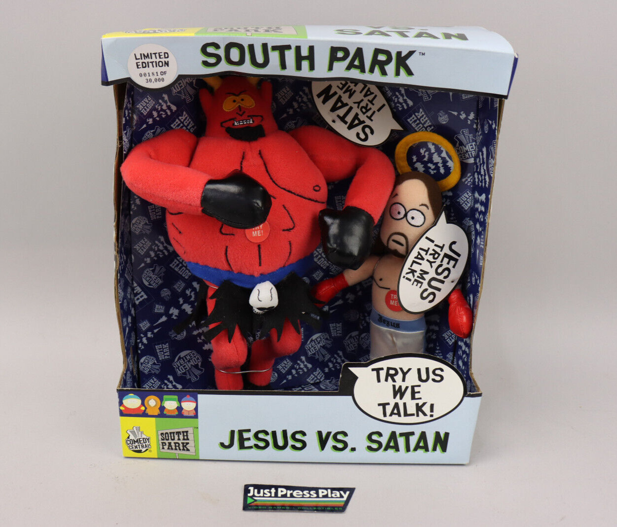 2002 Fun-4-All South Park Jesus vs. Satan L.E. Talking Plush Doll Set NIB Rare
