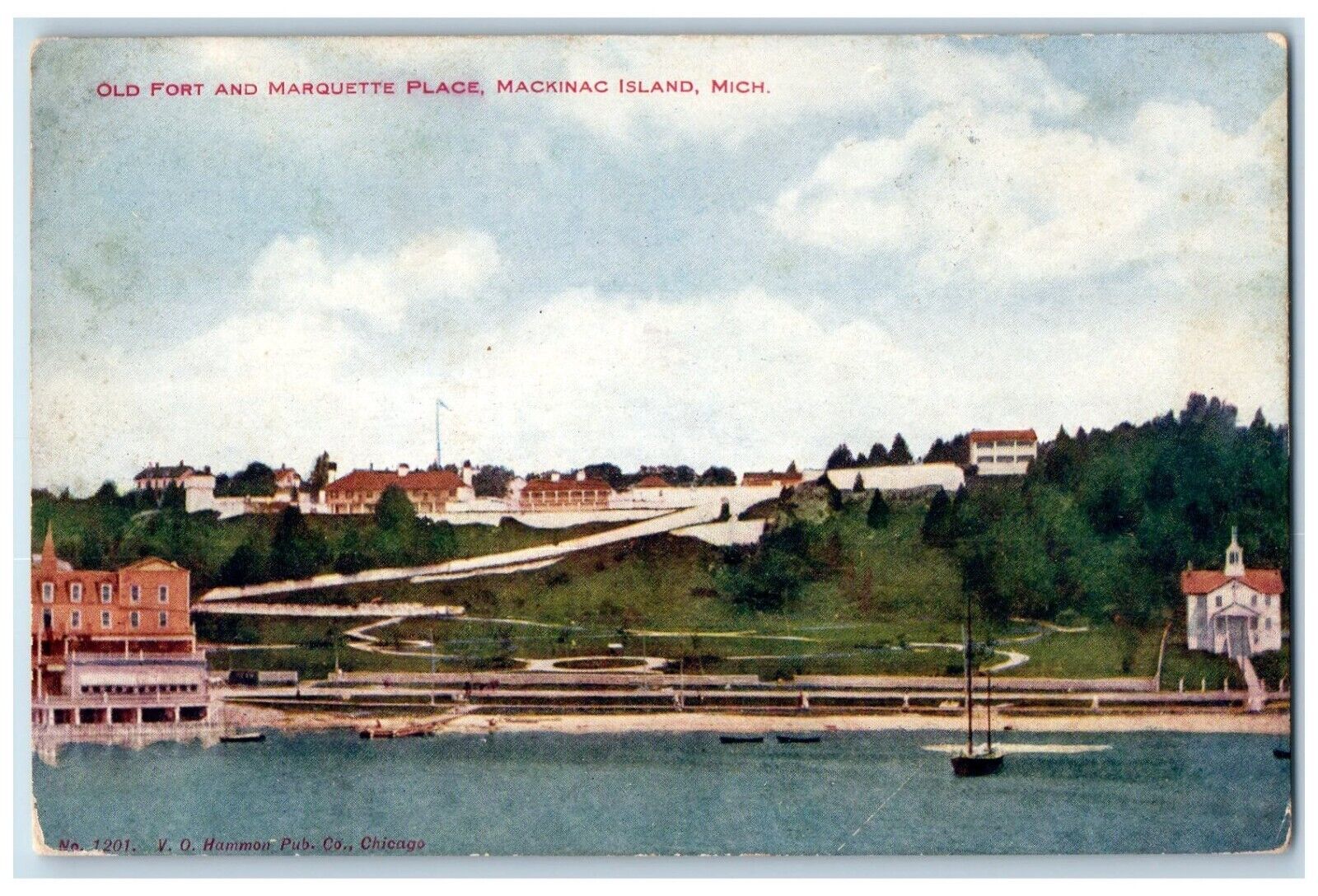 c1910 Old Fort Marquette Place Sail Boat Lake Mackinac Island Michigan Postcard