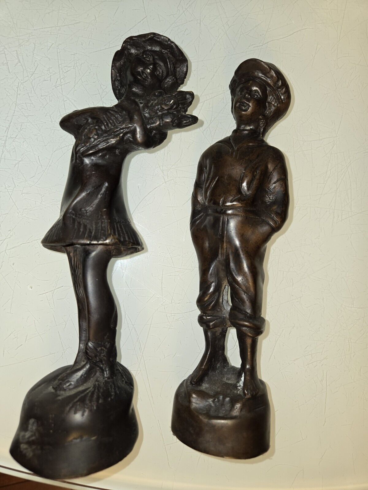 2 Bronze Statues Sculptures Boy & Girl Figurine Very Nice