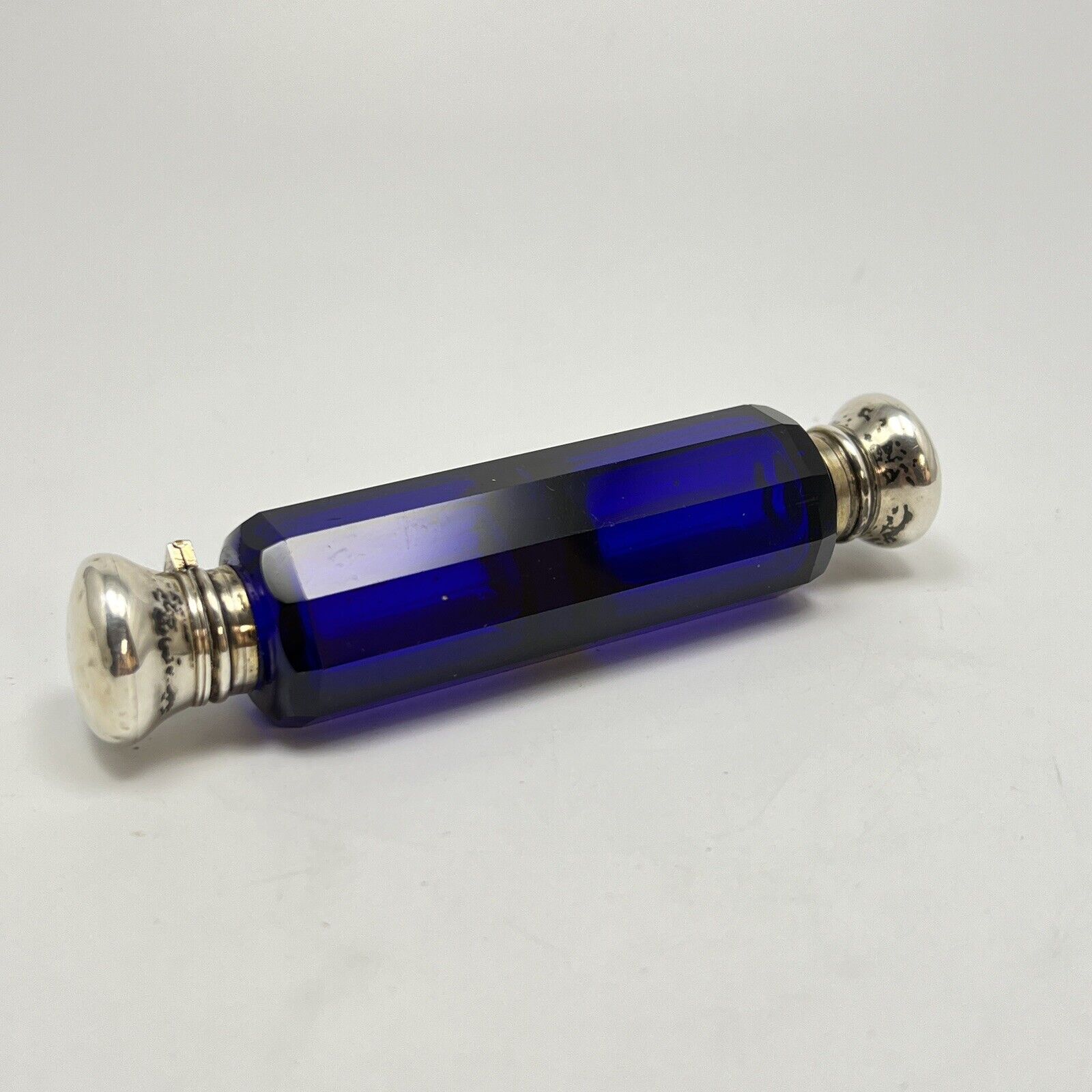 Flacon Antique 1850s Cobalt Blue Cut Crystal Silver Perfume Scents Bottle