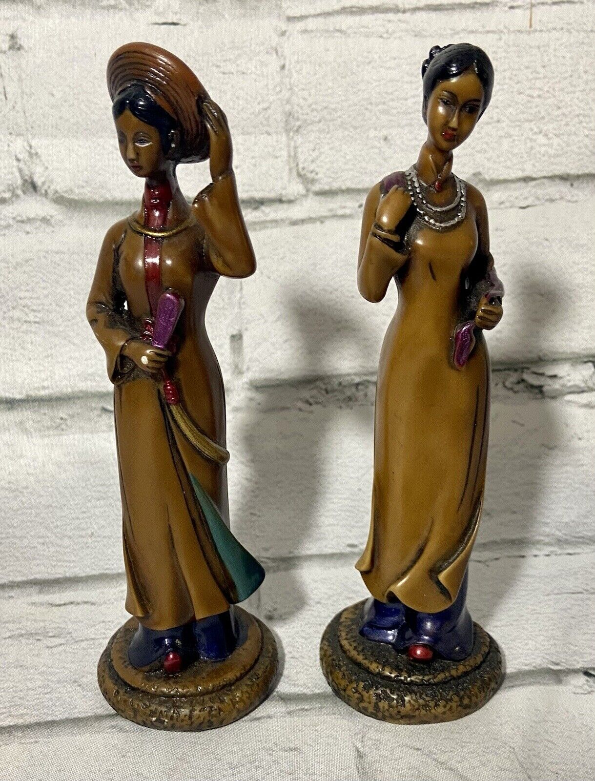 Set Of 2 VTG Carved Resin Lovely Classic Lady Figurines Colors 7”