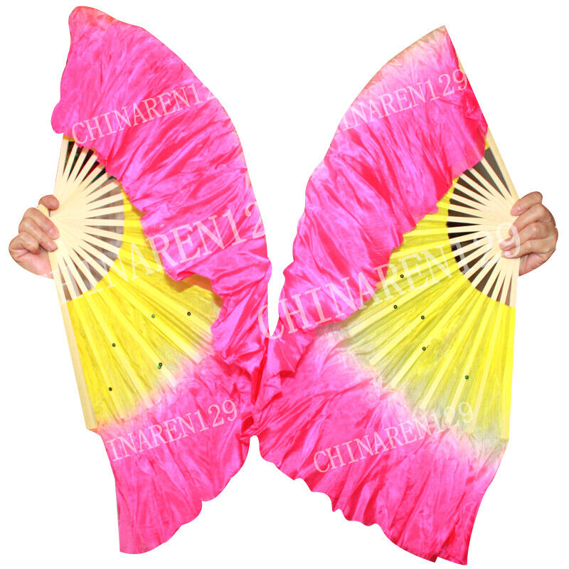 PAIRS 19.5 inches BELLY DANCE 100% SILK FAN VEILS  yellow pink
