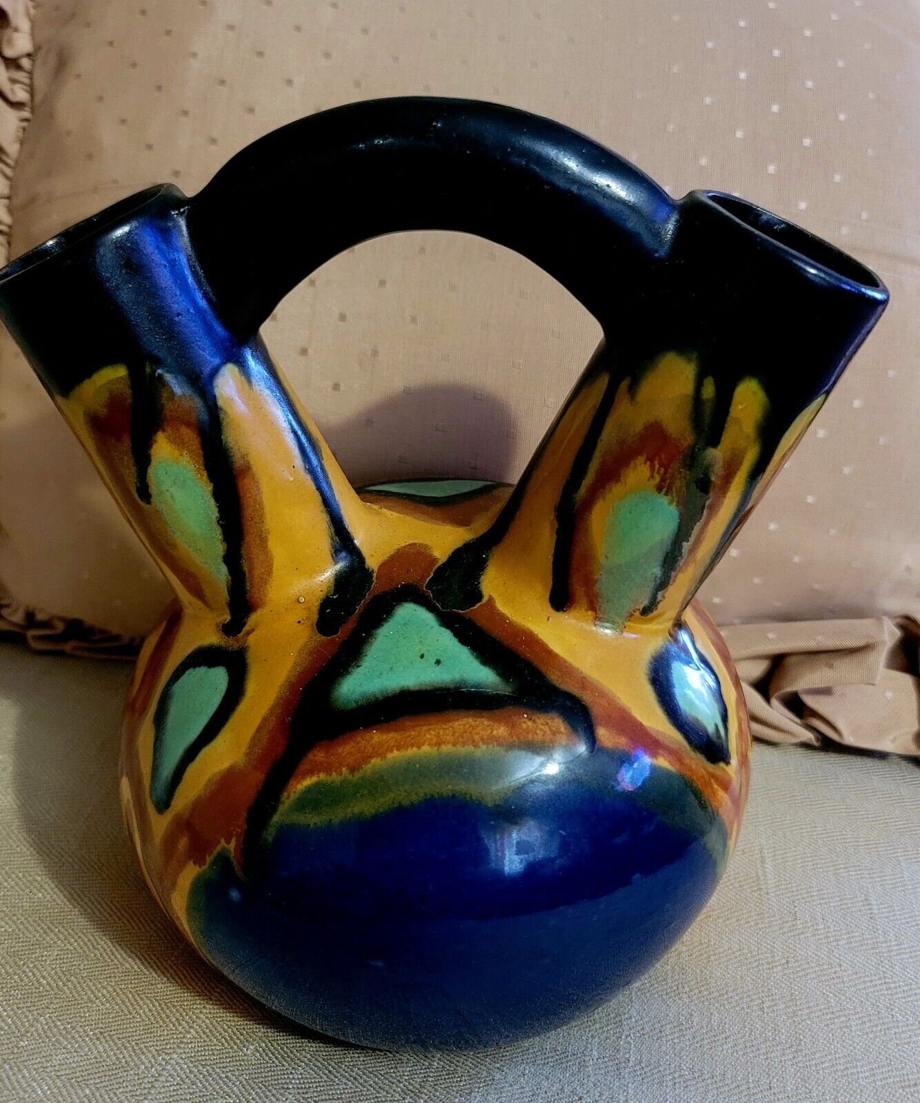 1920's Henri Delcourt France Art Deco Pottery  Double Neck Handle Vase Signed