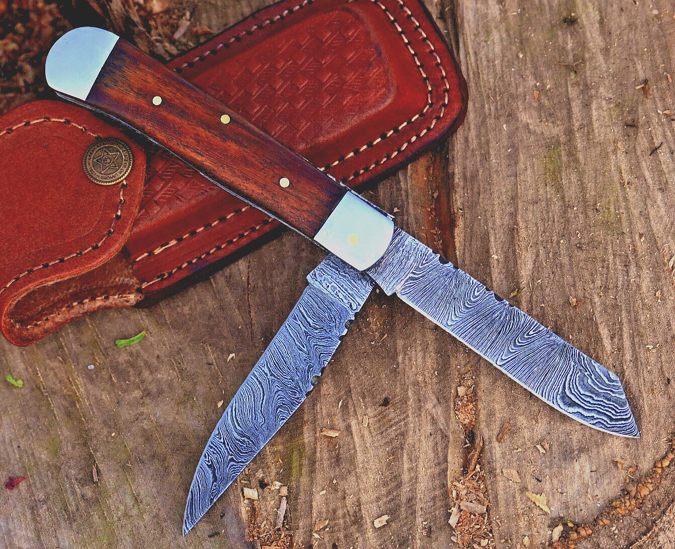 Hand Made Trapper Damascus Pocket Knife EDC- Hand Forged Two Folding Blade 693