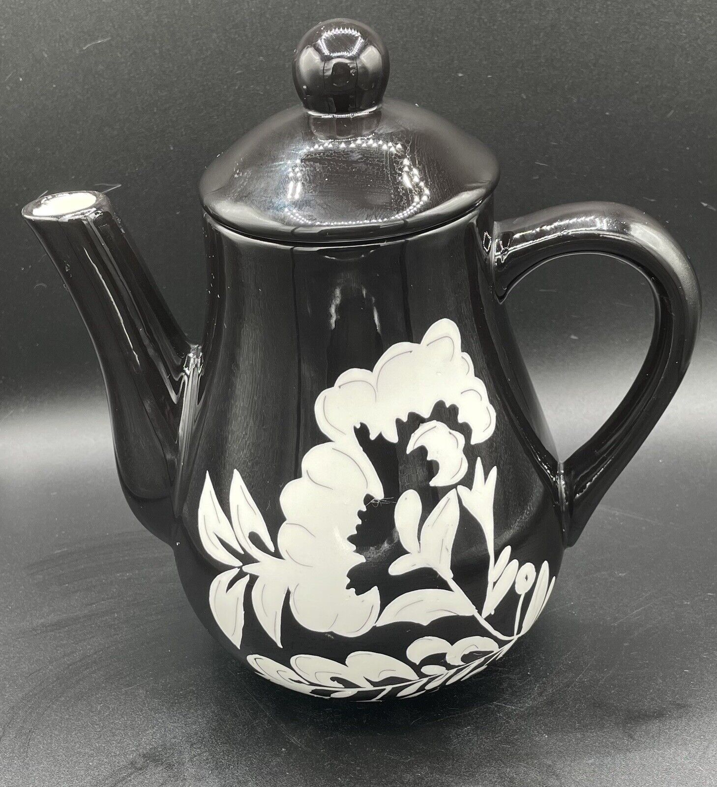 Vtg Gatesware By Laurie Gates Ceramic Black & White Floral Teapot 8.5x8x5