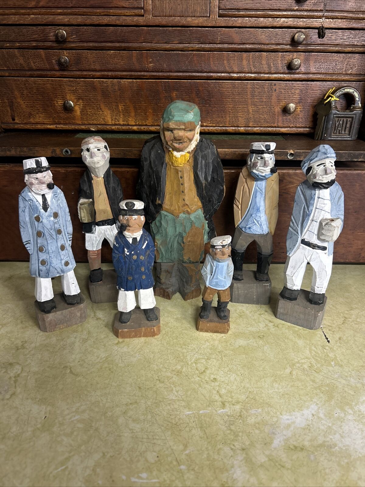 Collection Of Carved Wood Sailor Figures Ship Captain Folk Art 