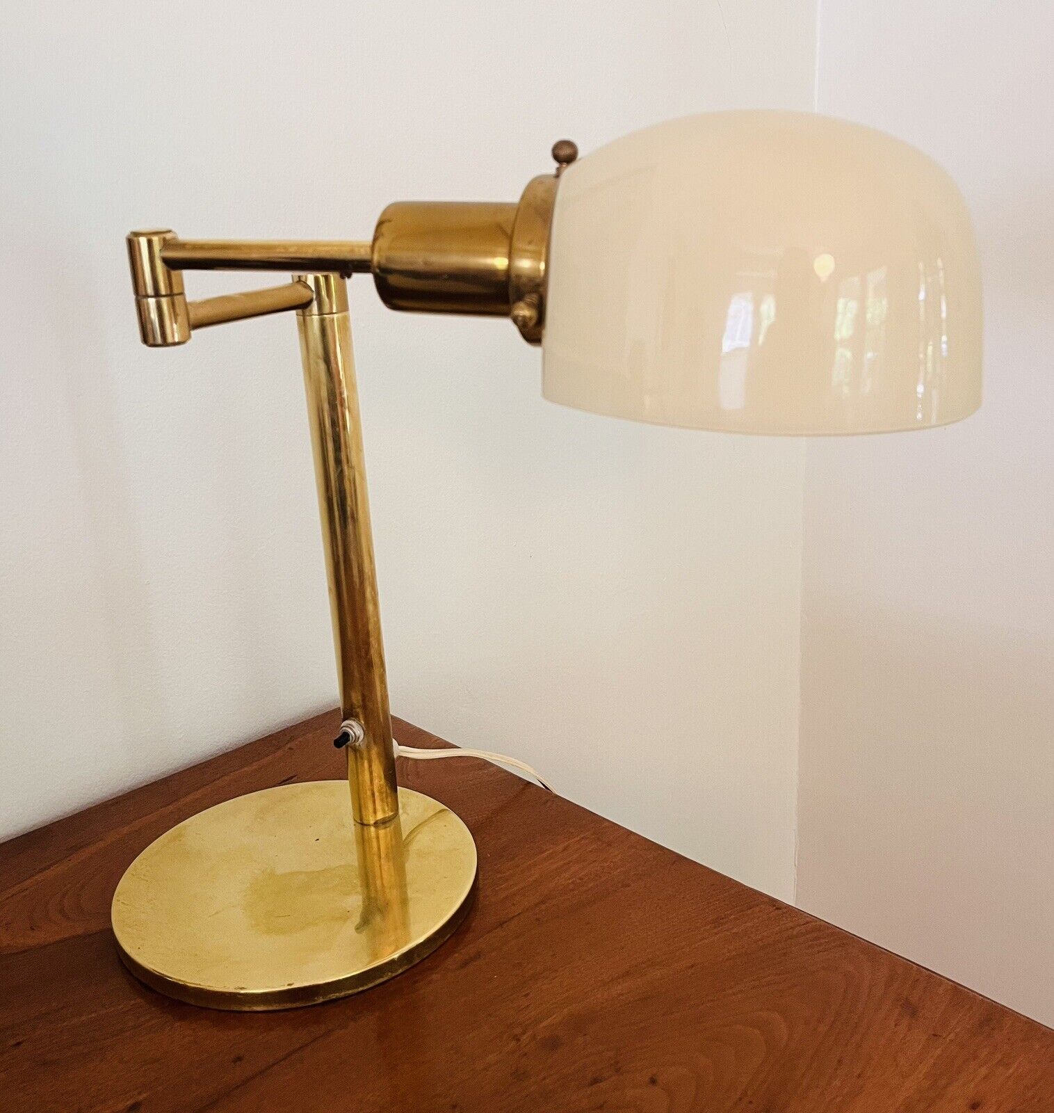Von Nessen Vintage Swing Arm Brass Table Lamp Glass Shade Nessen Lamps N.Y.C.