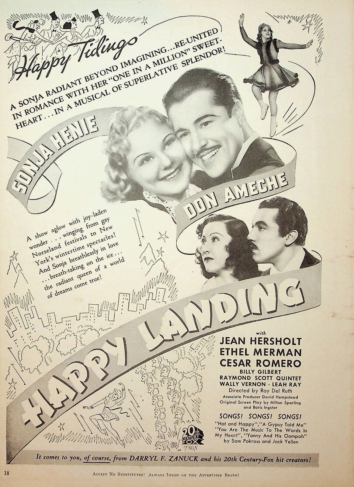 Original Happy Landing Movie Ad: Sonja Henie; Happy Tidings