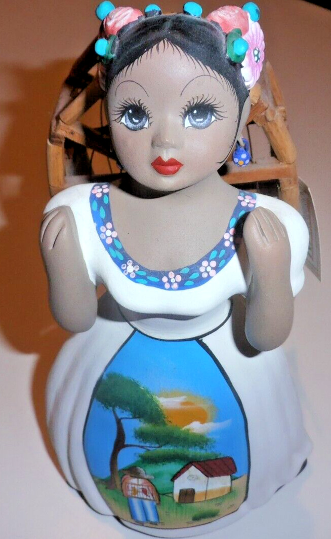 NAVarro Lupita Ceramic Doll w Birdcage Figurines Mexican Art
