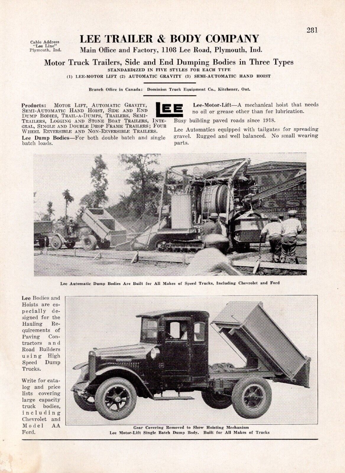 1928 Lee Trailer and Body Vintage Print Ad Plymouth Indiana End Dumping Bodies
