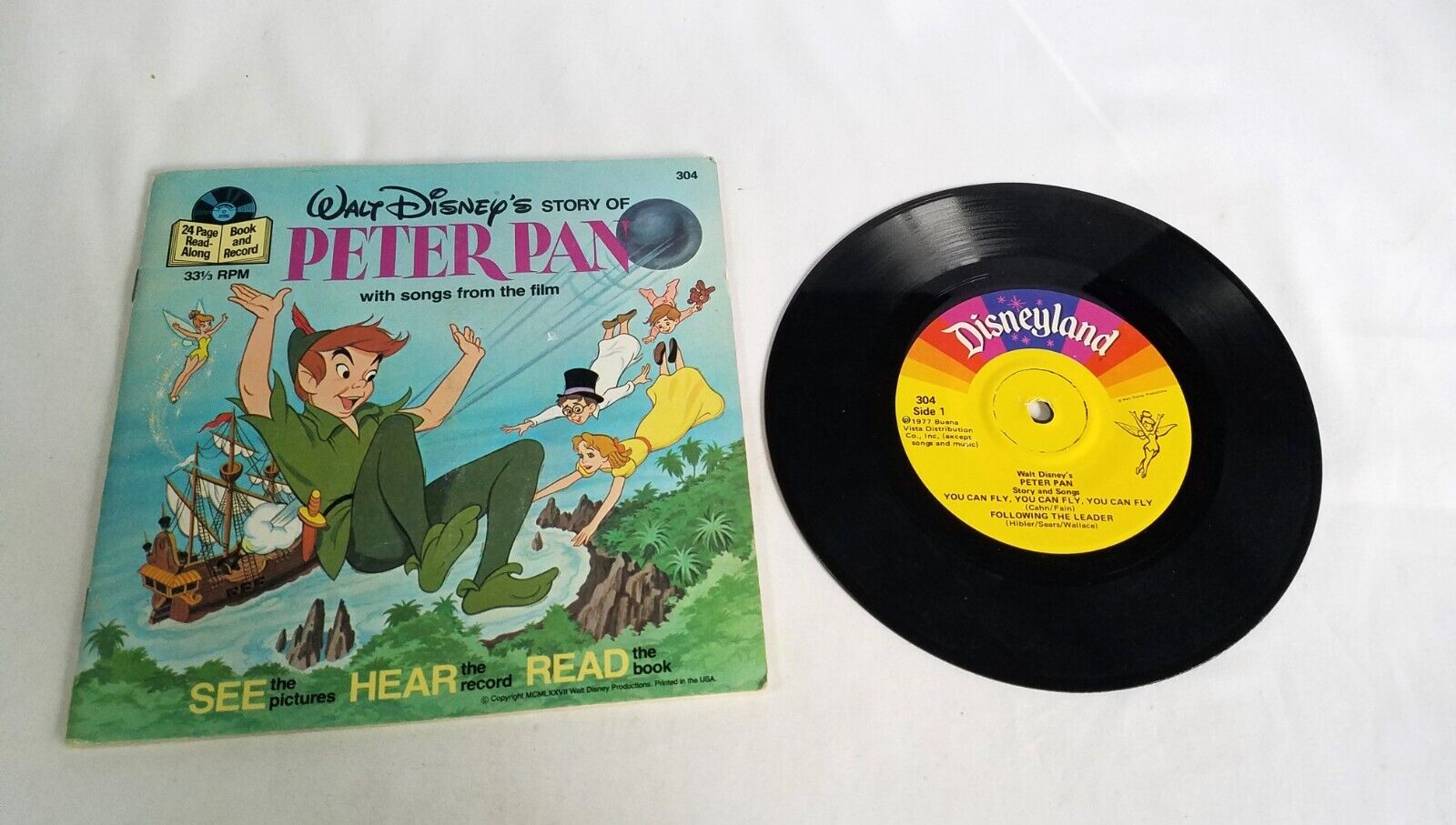 Vintage Walt Disney Record Read Along Book Disney Peter Pan Record 33 1/3 Vinyl