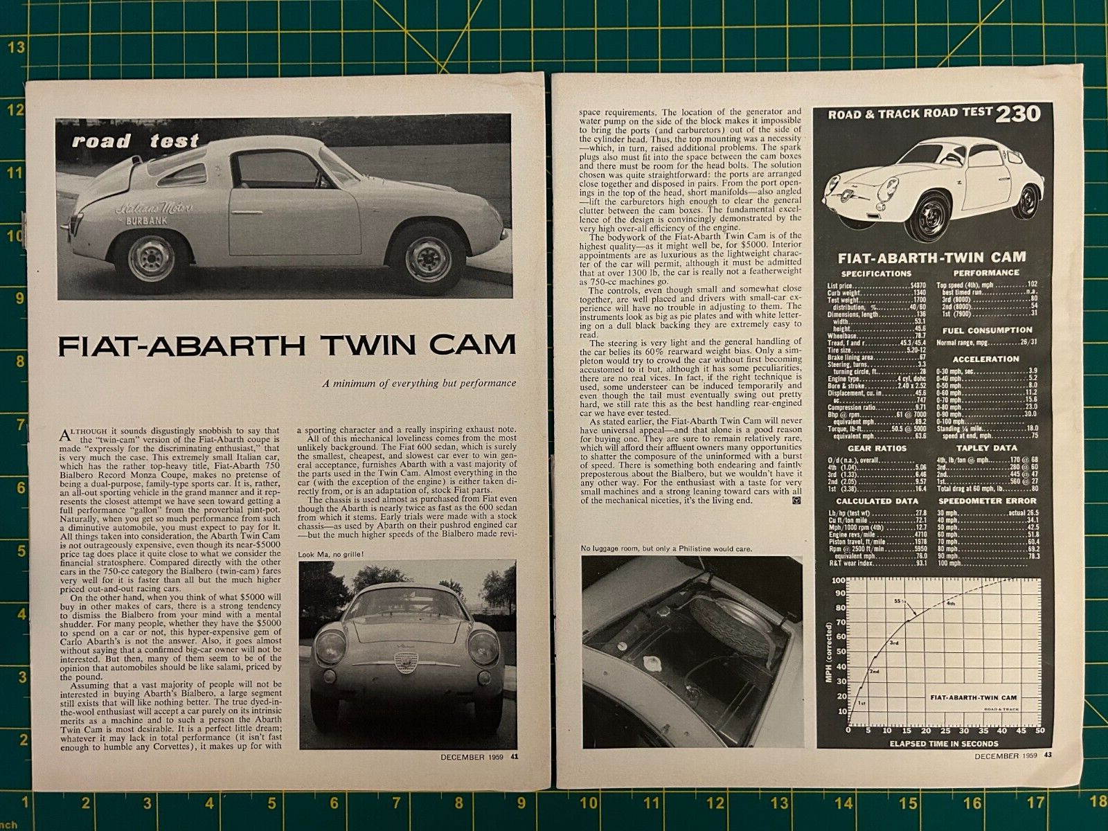 1959 Vintage Fiat-Abarth Twin Cam Road Test 2 sheet 3 page Print Ad W1