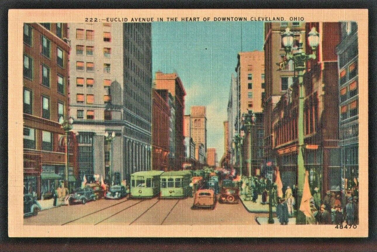c1930s Cleveland Ohio Downtown Street Trolly Cars Euclid Ave & E Ninth Postcard
