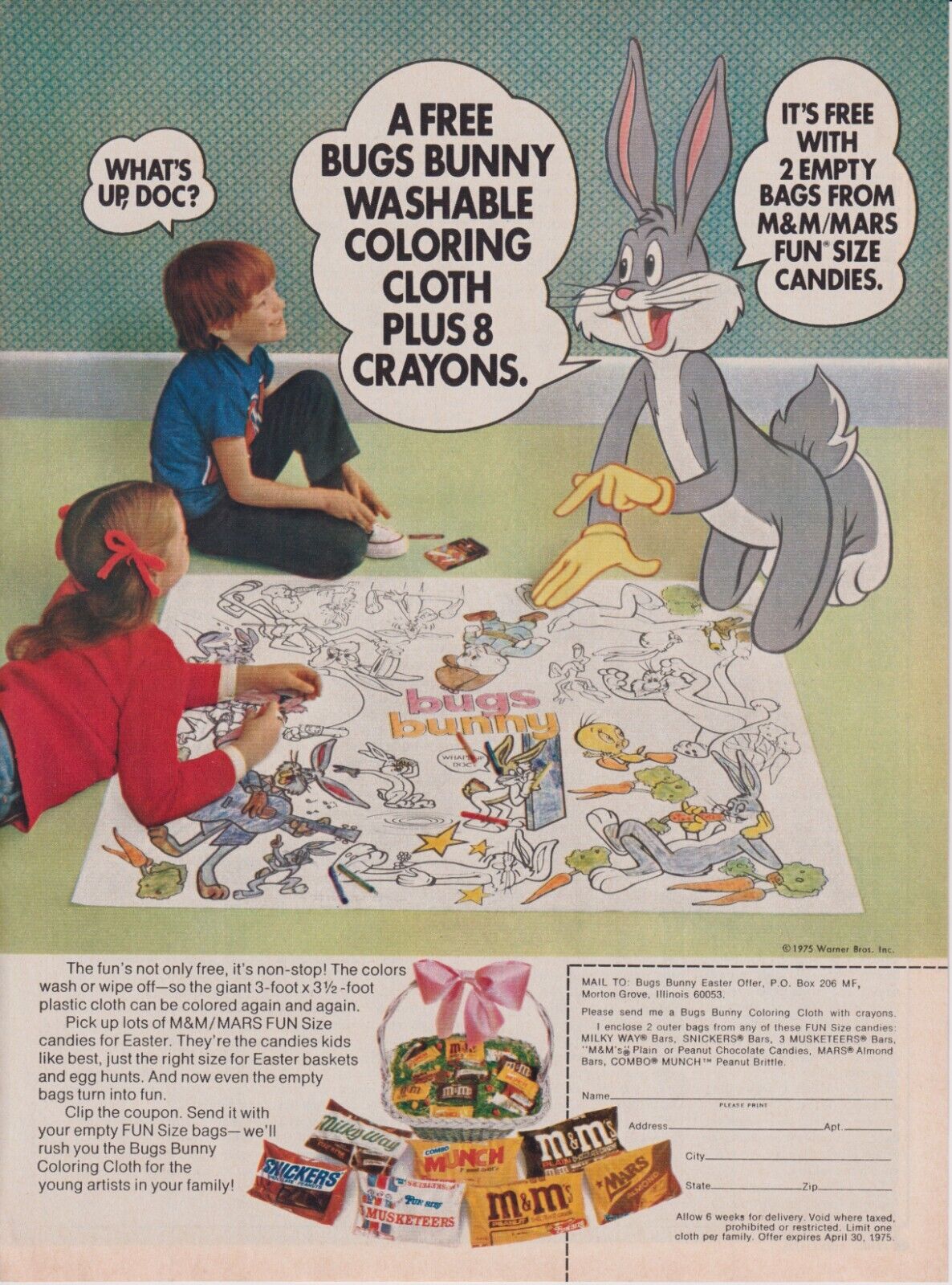 M&M\'s Snickers Milky Way Mars Vintage 1975 Print Ad Page Bugs Bunny Easter