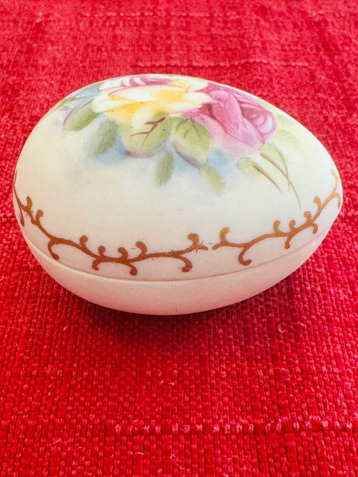 Vintage Lefton Hand-Painted Bisque Porcelain Egg Trinket Box