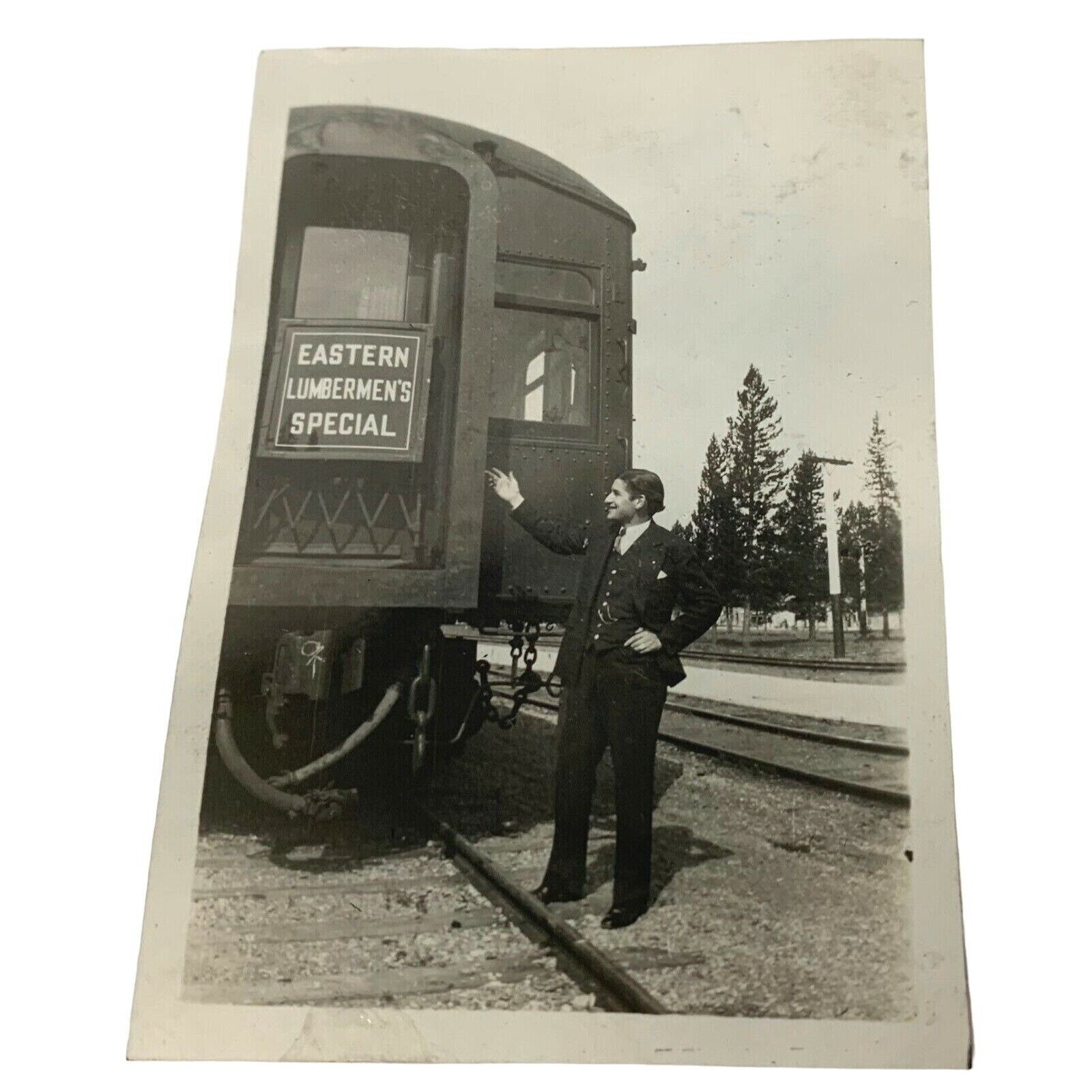 Eastern Lumbermens Special Train Found Photo Vintage 1930s Man Posing Snapshot