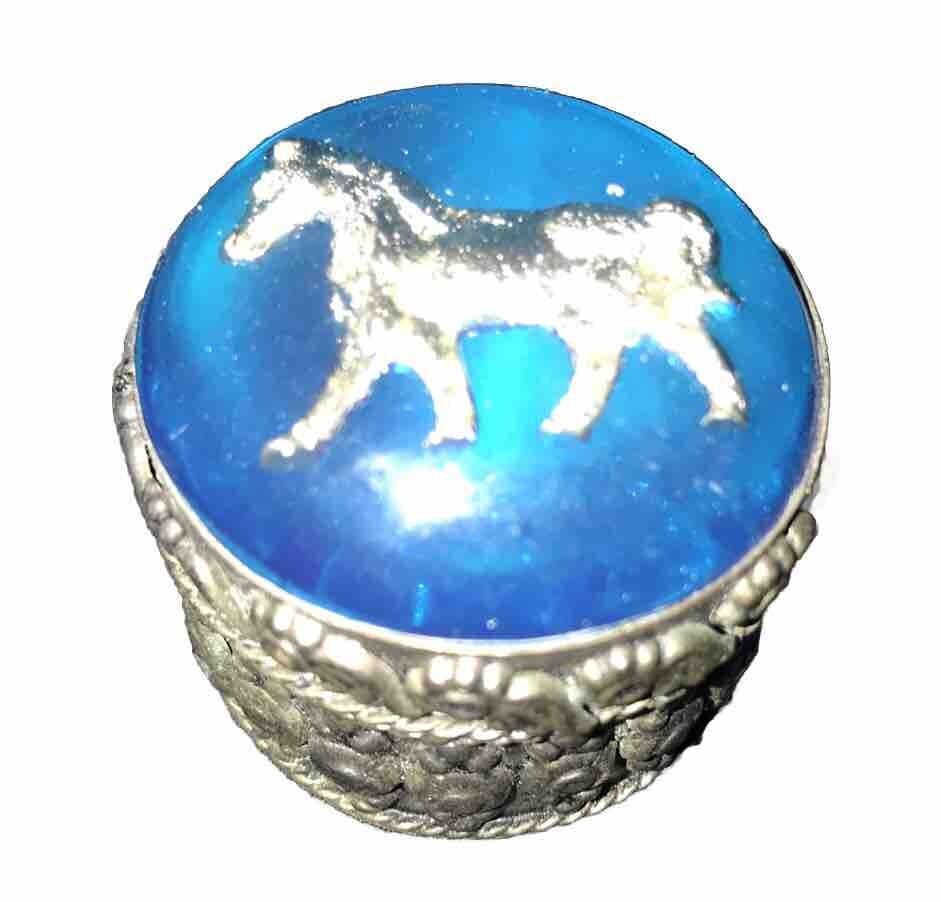 Vintage Small Round Jewelry Trinket Box Blue  W/ Silver Horse Made In India
