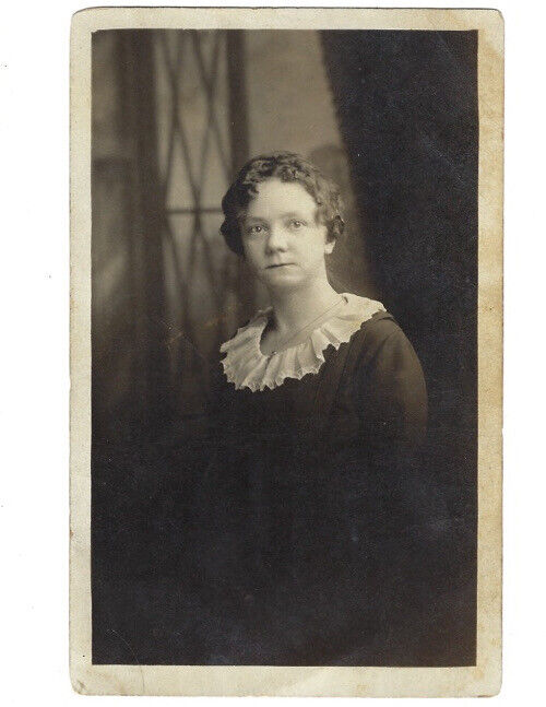 c.1900s Pretty Girl In Black Ruffle Portrait RPPC Real Photo Postcard UNPOSTED