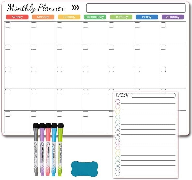 2 Set Dry Erase Board Daily List Magnetic Calendar with 5 Markers & Small Eraser
