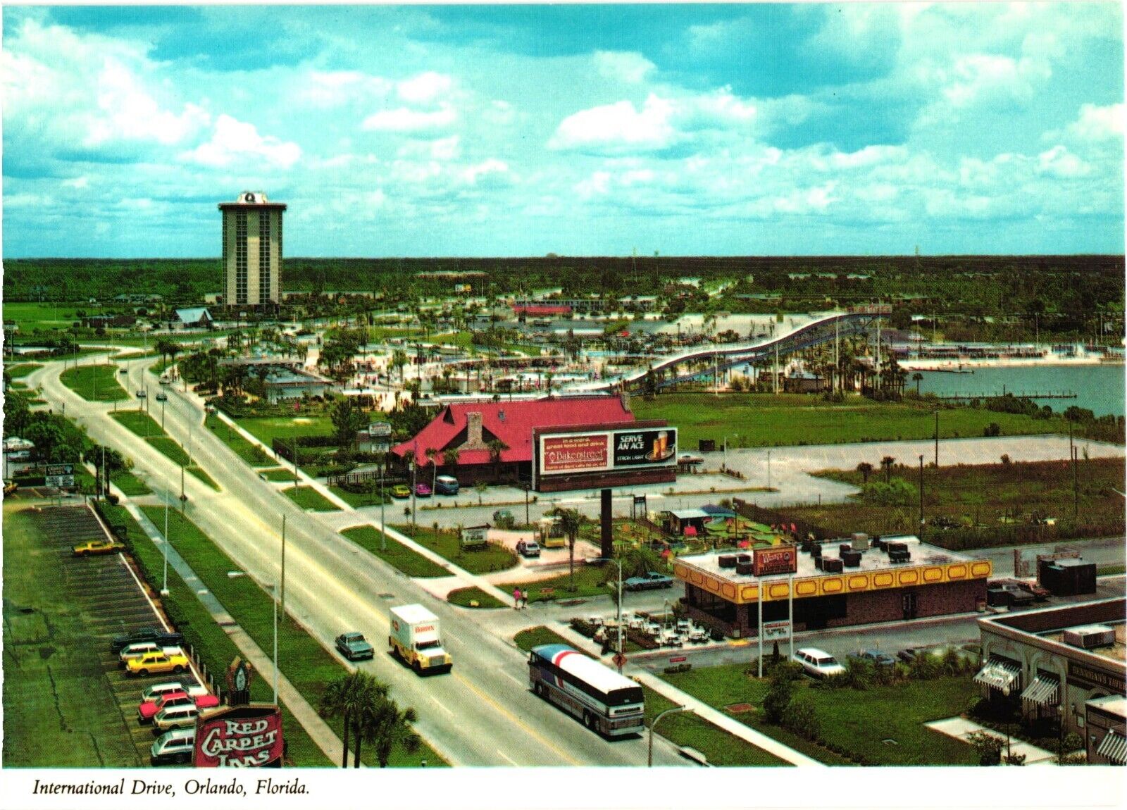 Orlando Florida International Drive Postcard 1970s Aerial View Bus Put Put Golf