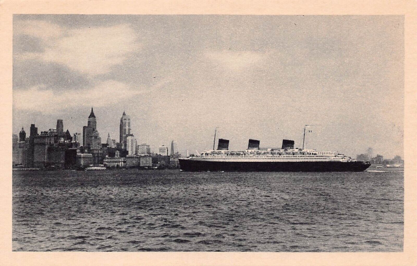 New York City Manhattan Skyline SS Normandie Harbor Early 1900s Vtg Postcard C11