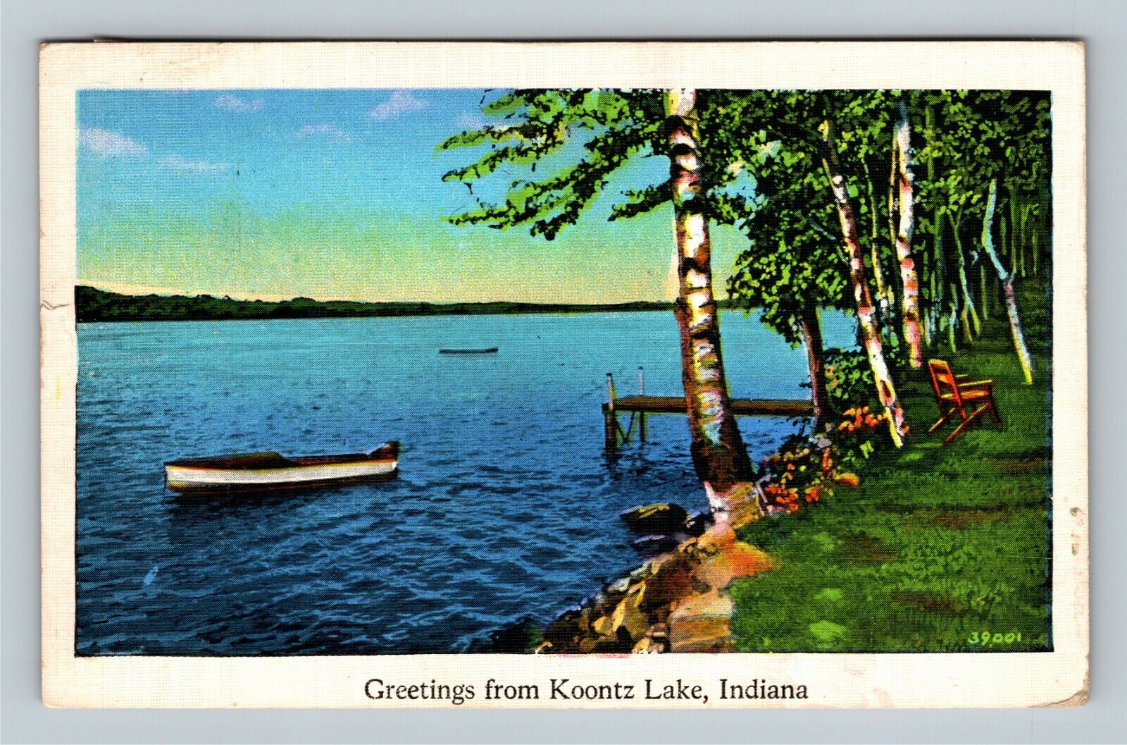 Koontz Lake IN, Greetings, Scenic Shoreline, Boat, Dock VintageIndiana Postcard