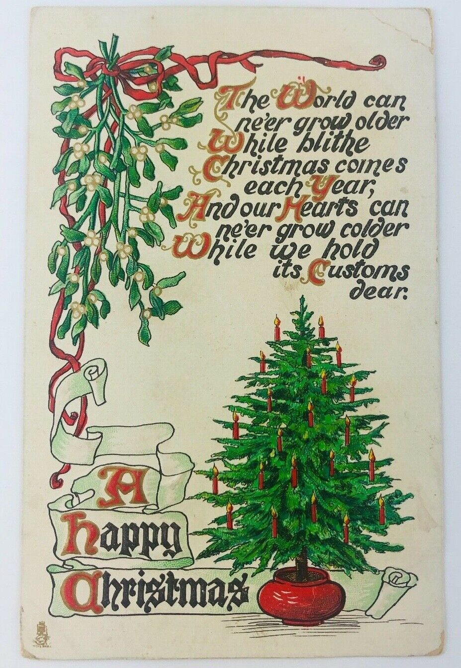 Vintage A Happy Christmas Embossed Postcard Christmas Tree in Red Pot 1912