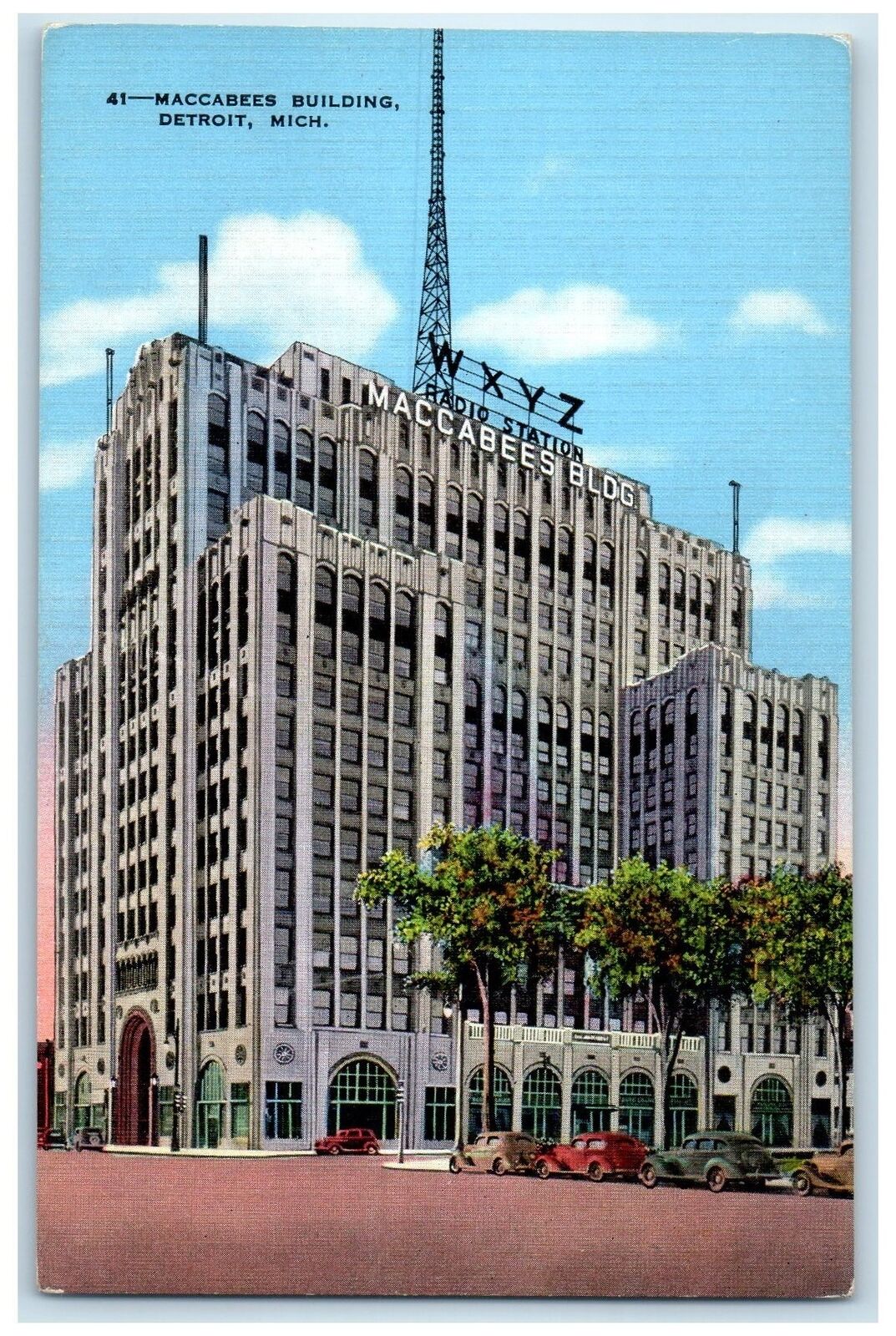 c1940's Maccabees Building Truss Tower Classic Cars Detroit Michigan MI Postcard