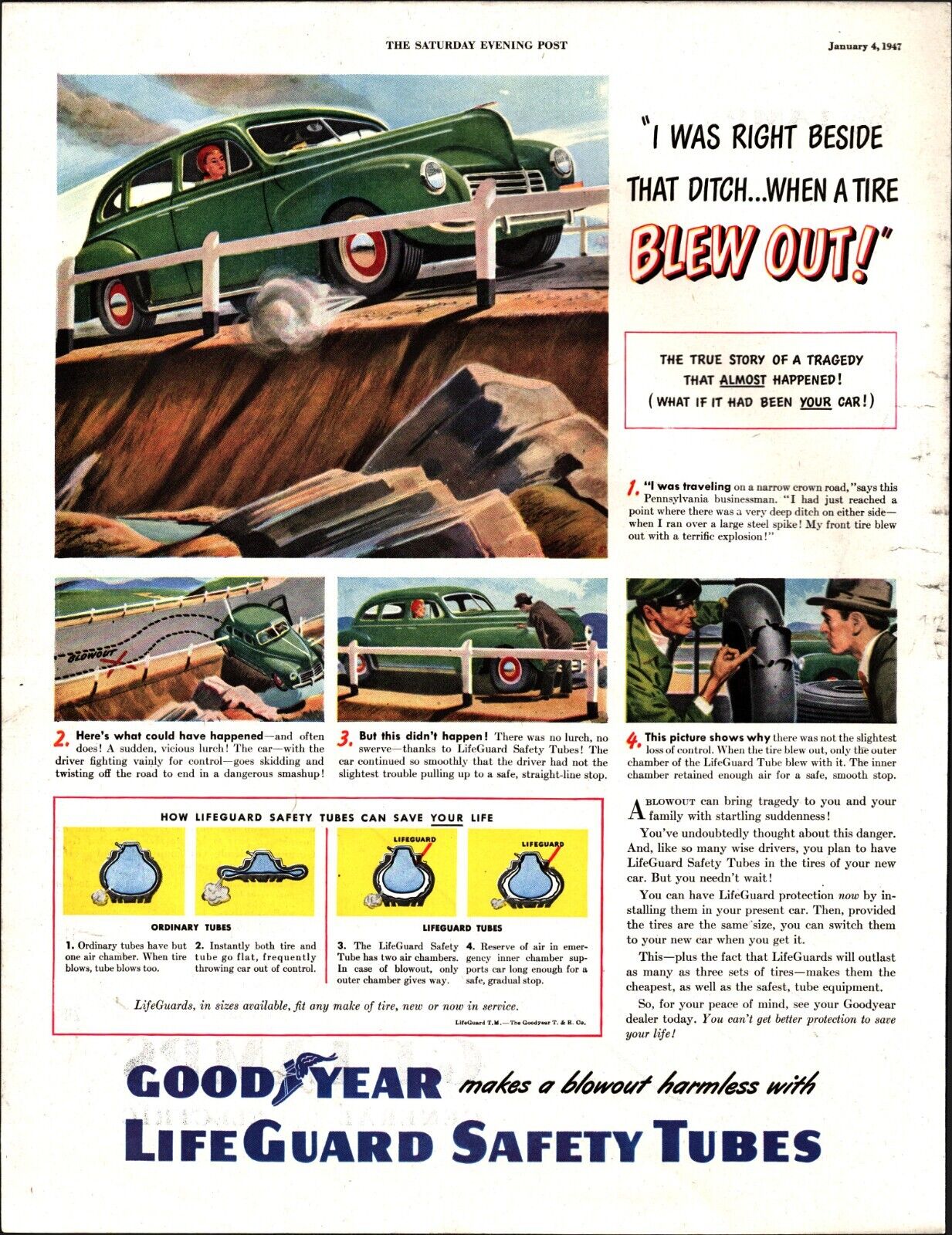 vintage car Good Year Life Guard Safety Tubes   Ad 1947   Full Page a4