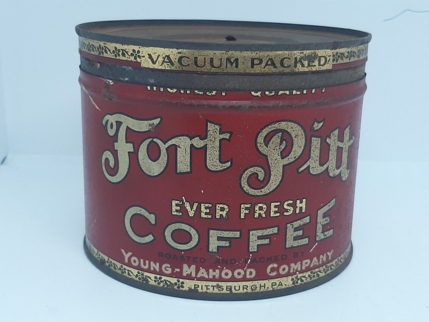 Vintage Fort Pitt 1 Lb Coffee Can Tin Litho Young Mahood Co Pittsburgh PA