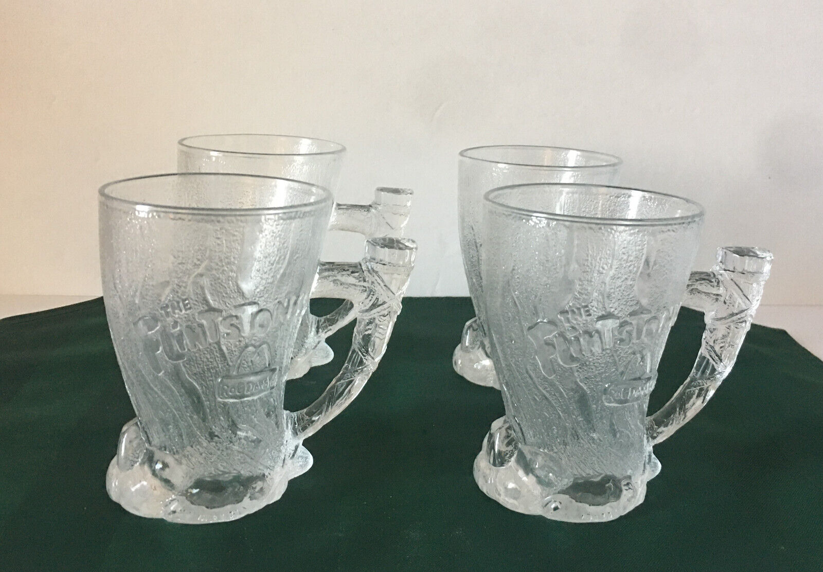 Vintage Set 4 RocDonalds Flintstones Glass Mugs Cups Tusk Handles McDonalds 1993