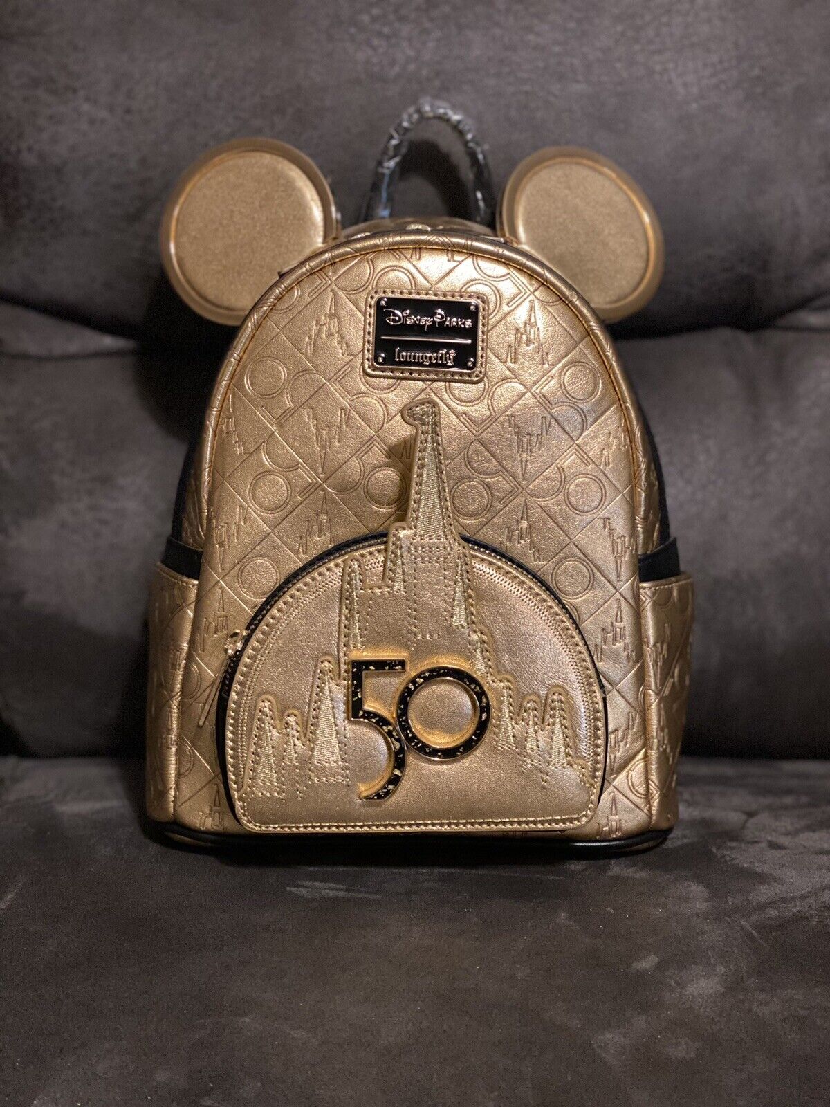 NWT Mickey Disney World 50th Anniversary Genuine Leather Gold Loungefly Backpack