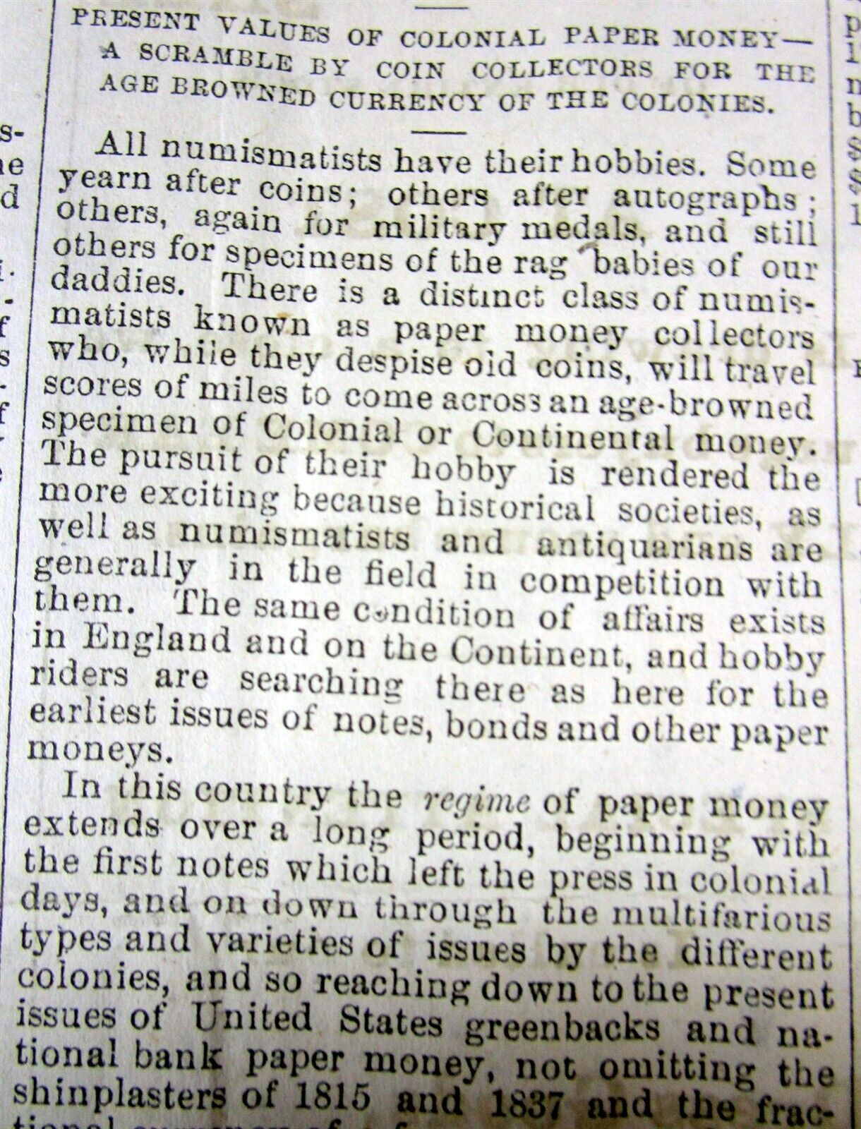 1879 display newspaper w long detailed History US NUMISMATICS Early paper money 