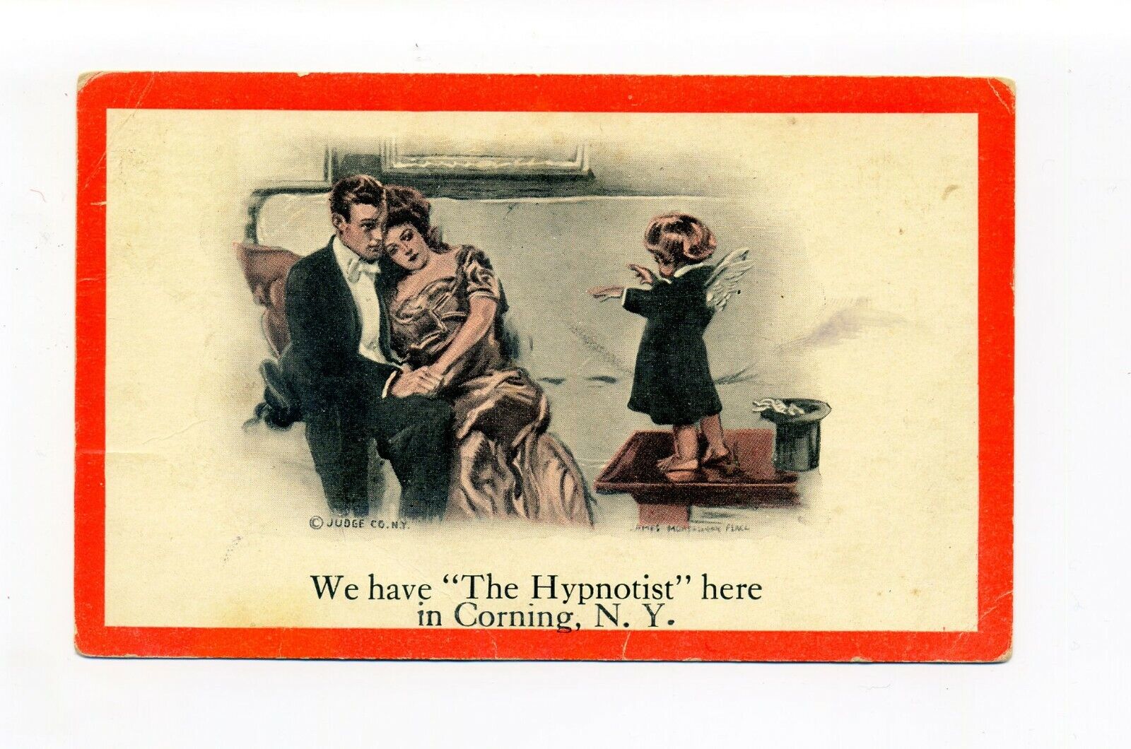 Antique 1912 postcard, child with wings, fantasy, We Have Hypnotist, Corning NY