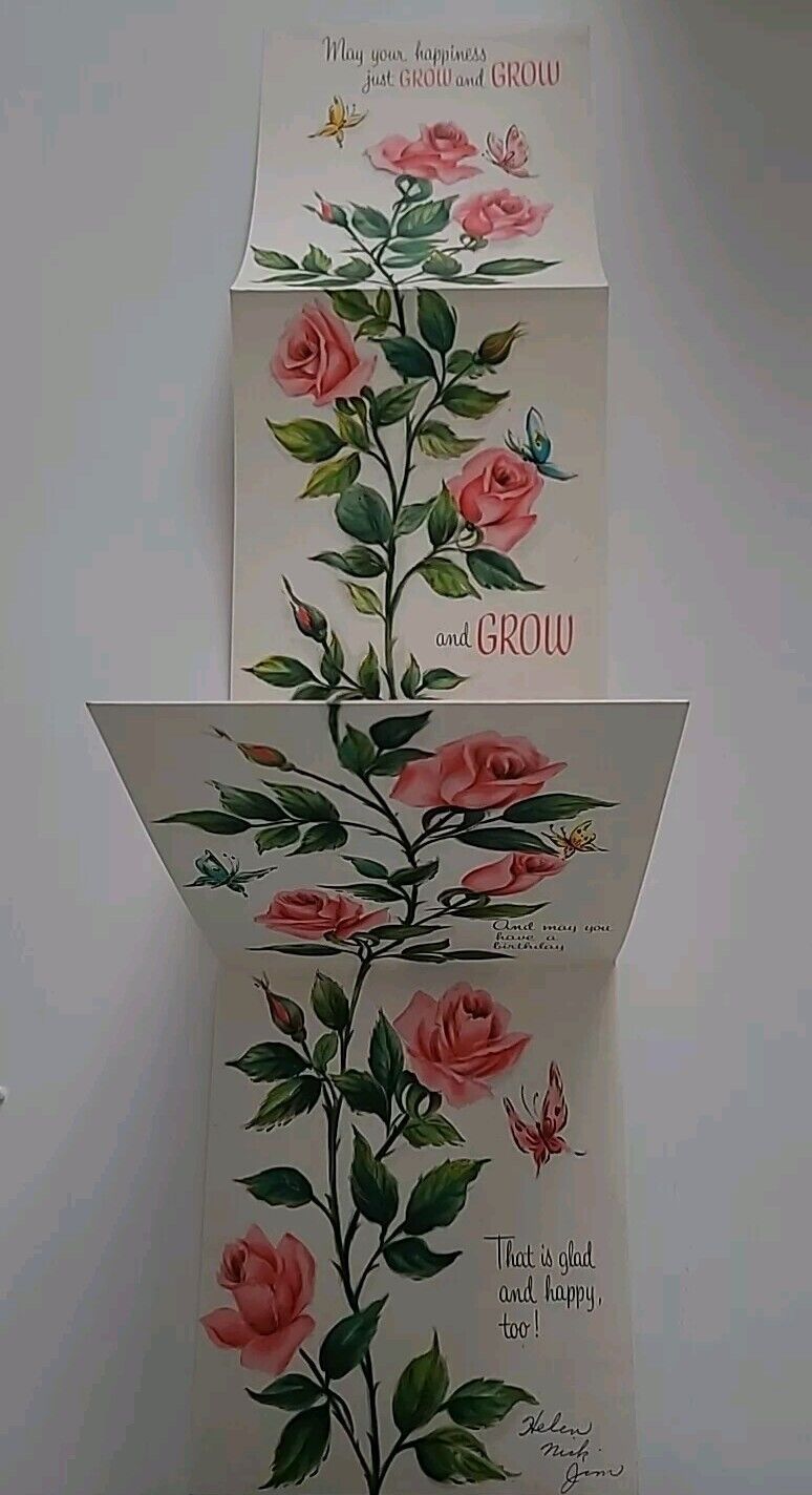1950s Vtg BIRTHDAY Growing PINK ROSES Unfolds to 28 Inches LONG Hall Bros CARD